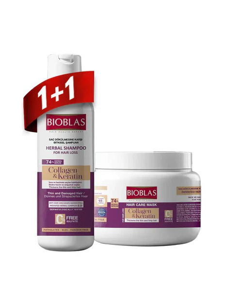 Bioblas Shampoo Collagen & keratin 300ml + Bioblas Collagen & keratin Conditioner and Mask 300ml - Offer (1+1 free)