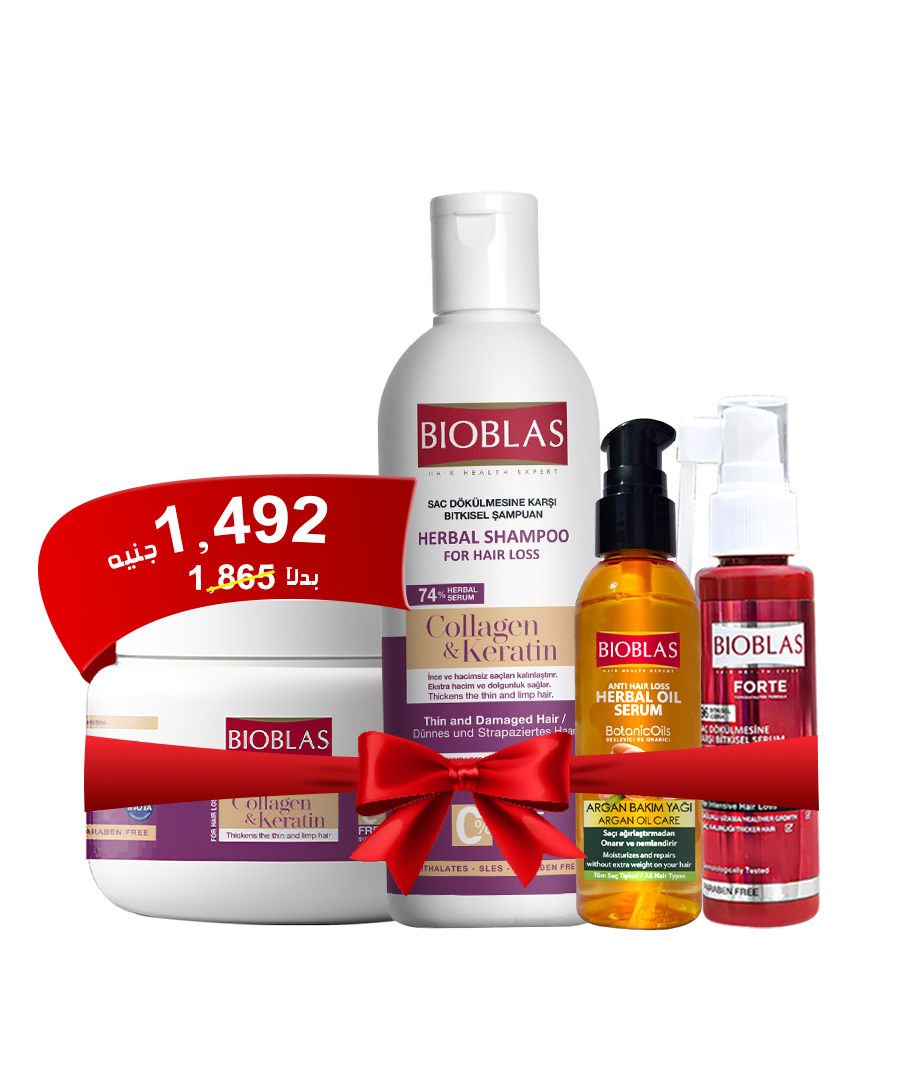 Bioblas Forte Anti-Hair Loss Serum 60Ml+Bioblas Shampoo Collagen & keratin 300ml + Bioblas Conditioner and Mask Collagen & keratin 300ml+Bioblas Anti-Hair Loss Herbal Serum Argan Care 65 Ml