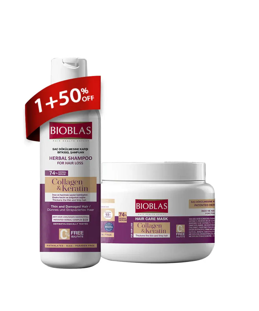 Bioblas Shampoo Collagen & keratin 300ml + Bioblas Collagen & keratin Conditioner and Mask 300ml - Offer (1+50% )