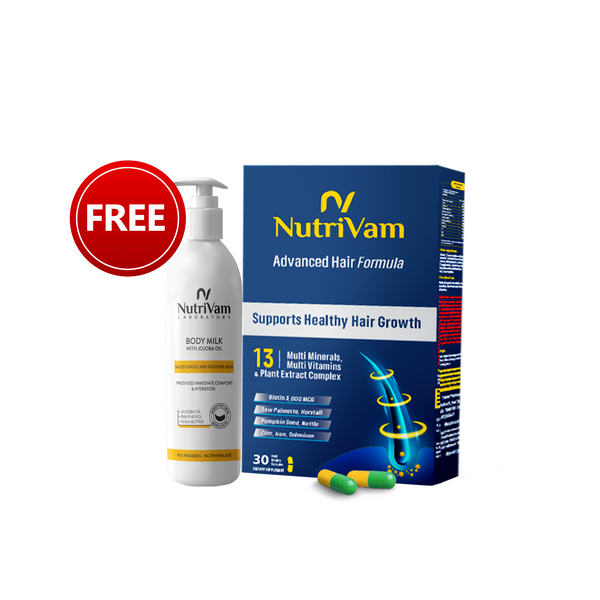 Nutrivam Advanced Hair Formula genetic baldness treatment -30 Capsule +Nutrivam Body Milk with Jojoba Oil 135 Ml   (FREE)