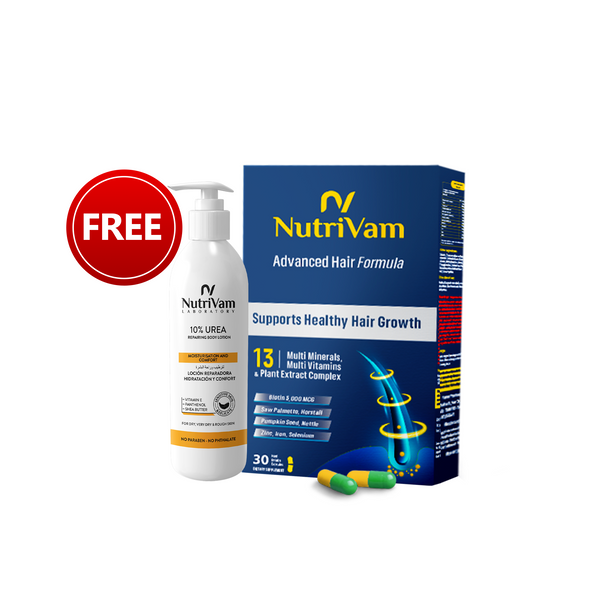 Nutrivam Advanced Hair Formula genetic baldness treatment -30 Capsule  +Nutrivam Reparing Skin 10% Urea lotion for strawberry skin 100Ml (free)